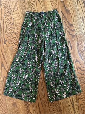 100% Linen Tahari Green Wide-Leg Floral Print Pants